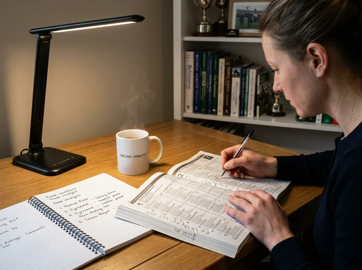 Reading horse racing form — analyst reviewing a UK racecard with pen notes and a coffee